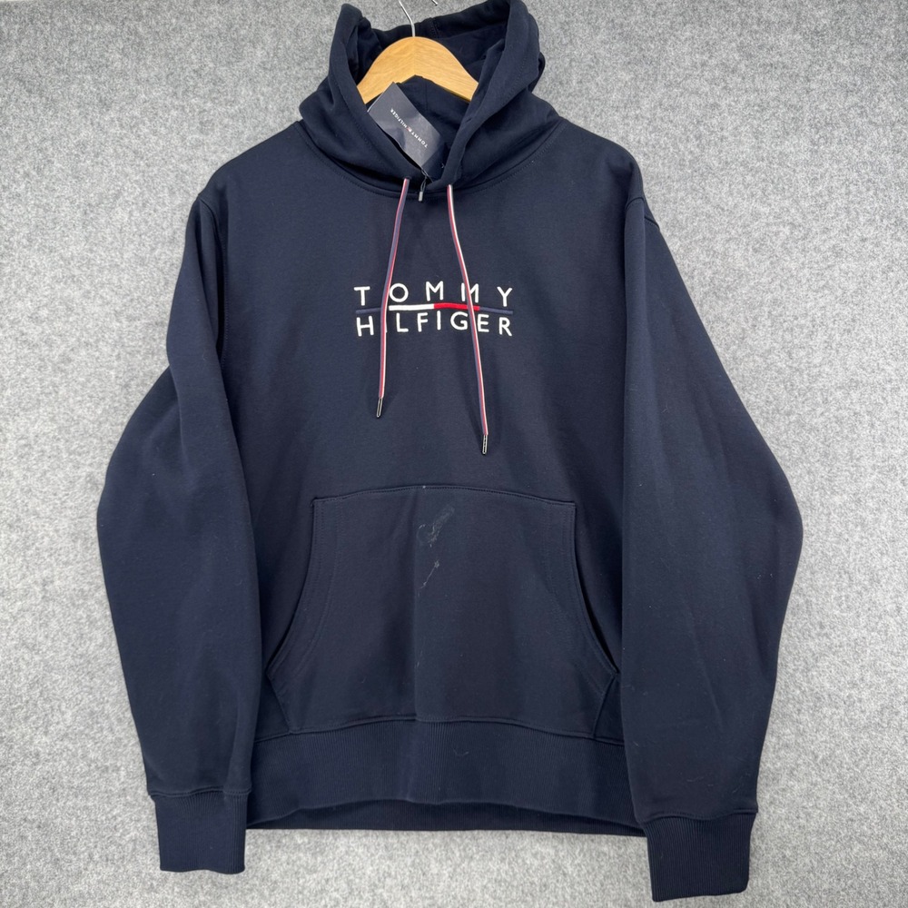 Tommy Hilfiger Hoodie Mens L Blue Embroidered Logo XM05884 NEW